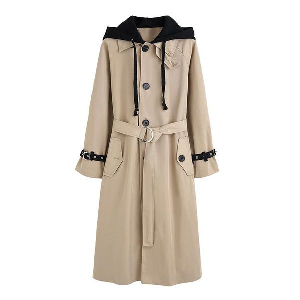 

women's trench coats coat autumn long windbreaker long-sleeved hooded jacket korean loose, Tan;black