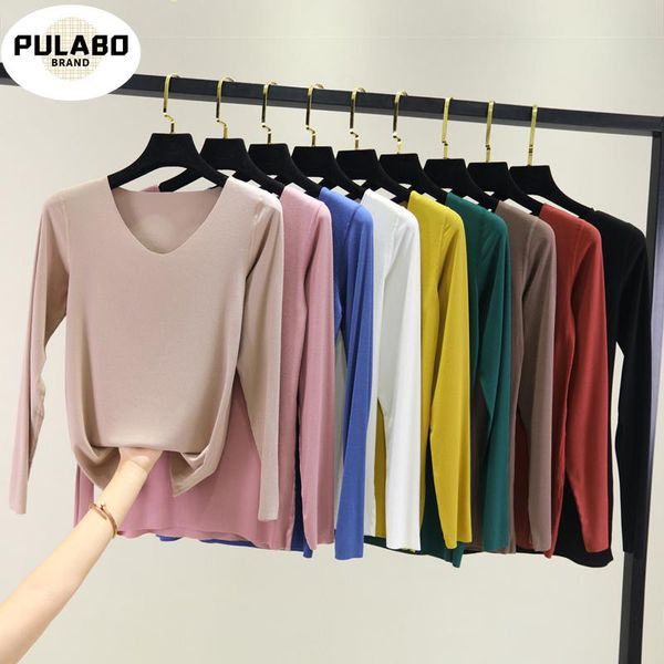 

women's t-shirt modal long-sleeved t shirt women autumn winter thin slim-fit seamless v-neck inner base knitted t-shirts tees, White