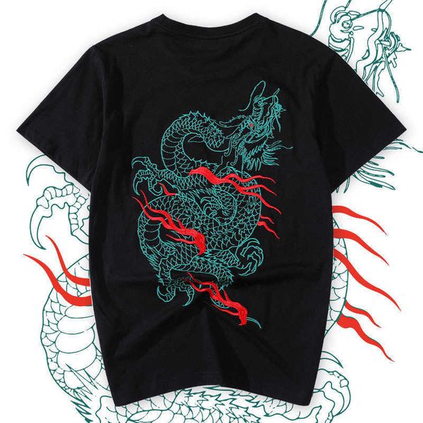 

men's t-shirts t shirt summer chinese style men embroidered dragon cotton t-shirt hip hop streetwear harajuku short sleeves black white, White;black