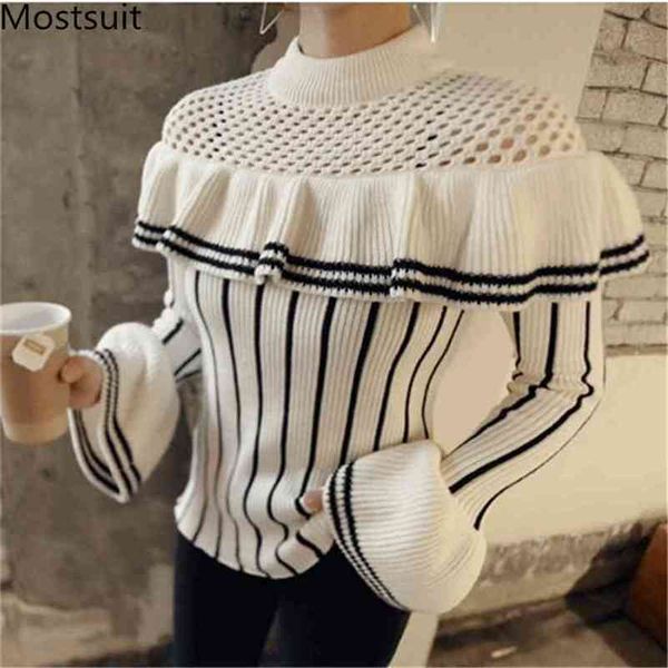 

spring casual korean striped ruffles knitted sweater pullover women flare sleeve o-neck fashion female sweaters 210513, White;black