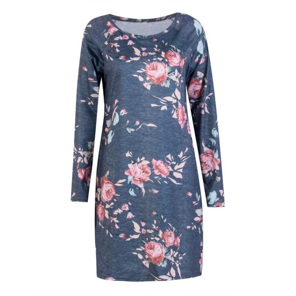 

women summer floral print casual long sleeve dresses gray flower cotton loose party mini dress clothes, Black;gray