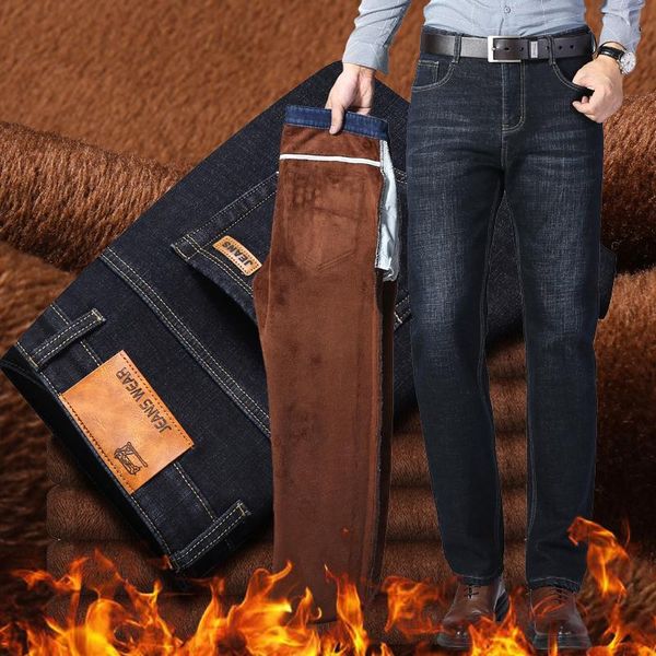 

men's jeans 2021 men activities warm autumn winter flocking soft, Blue