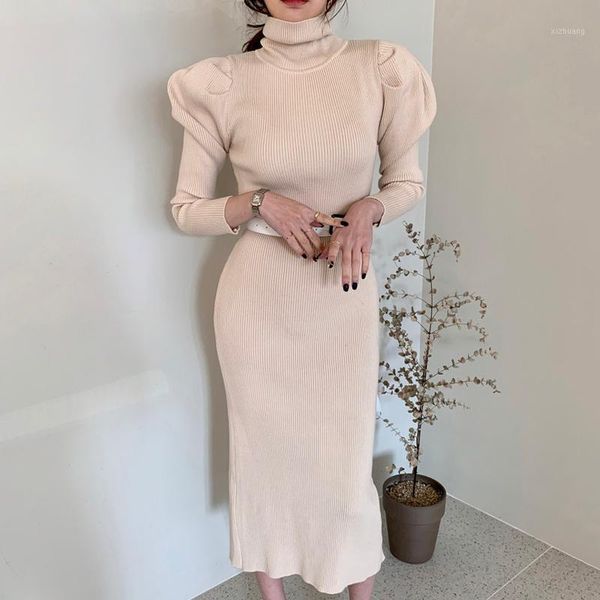 

casual dresses bodycon puff 2021 winter thick jumper warm knitted pollover korean solid woman sweater dress women knitwear, Black;gray