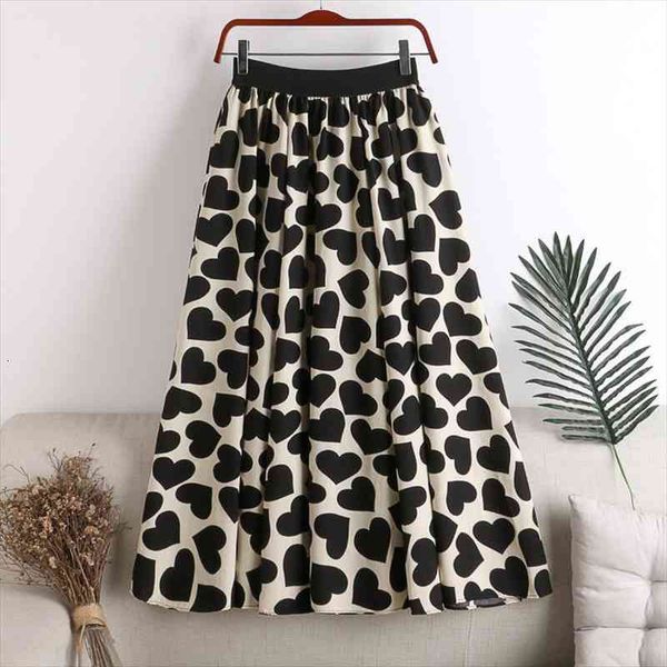 

cotton summer mid calf womens skirt heart a line stylish sweet elastic waist loose print elegant umbrella skirts, Black