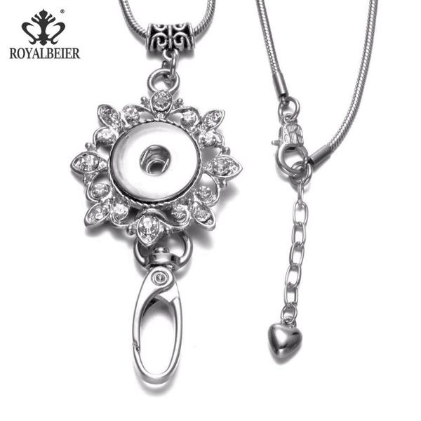 

pendant necklaces royalbeier flower shape working id holder lanyard snap crystal necklace 18mm button jewelry stainless steel, Silver