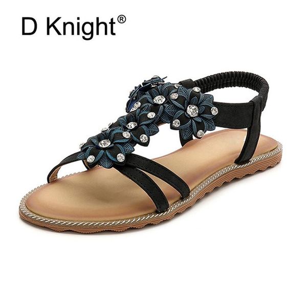 Обувь женщин летние богемные сандалии римские хрусталь для пляжных цветов черные дамы 2021 Дизайнер