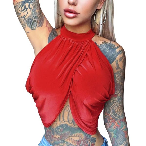 

fashion women's neck-hanging shirt, pleated fall wrapped party solid color sliming club sleeveless elastic clothes tanks & camis, White