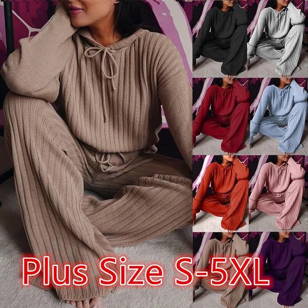 

women's two piece pants 2021 women suit plus size 5xl fashion ladies autumn knit 2 long sleeve loose hooded high waist wide leg, White