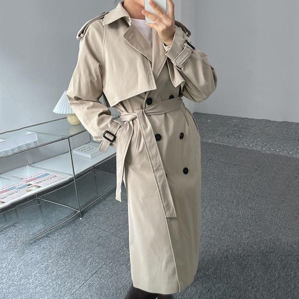 

women's trench coats korean women windbreaker coat autumn chic lapel double row buckle waist slim over knee long, Tan;black