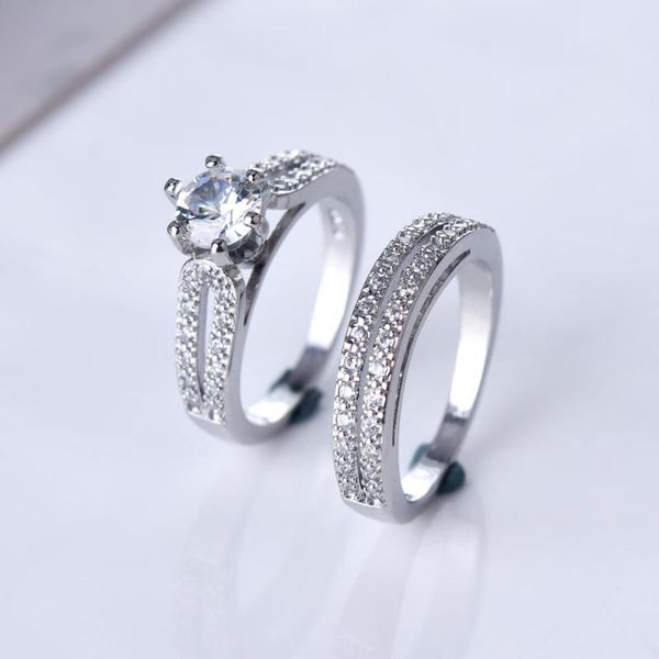 

wedding rings 2pcs bridal set elegant for women sliver color engagement fashion jewelry with full shiny cubiz zircon fem, Slivery;golden