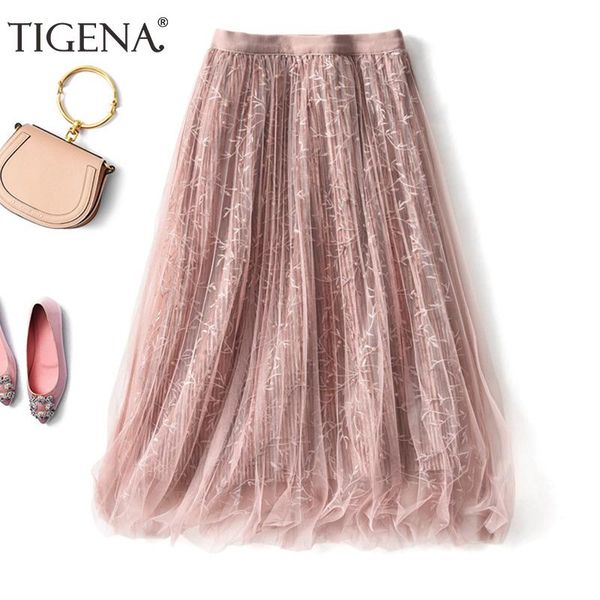 

skirts tigena 3 layers beading embroidery beautiful long tulle skirt women fashion 2021 autumn winter high waist maxi female pink, Black