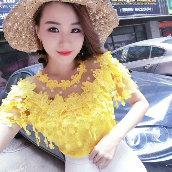 

spring summer floral women's blouse short sleeve crocheted hollow-out fashion white lace bottom shirt yellow 602i 210420