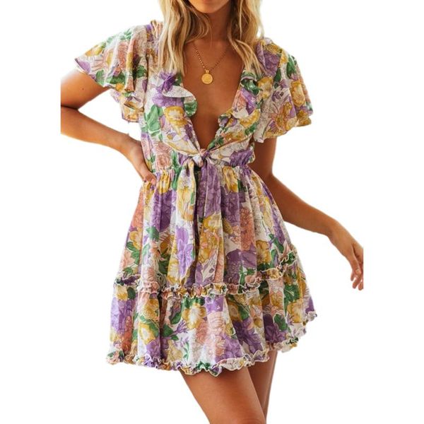 

casual dresses 2021 fashion women v neck floral dress bohemian short sleeve bodycon female ruffle knot front beach mini, Black;gray