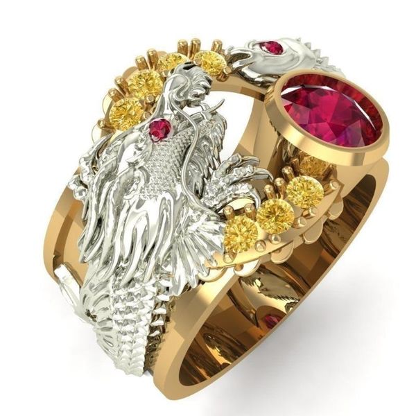 

wedding rings boho exaggerated domineering dragon fish biker mens ring vintage red round crystal for women punk rock jewelry, Slivery;golden