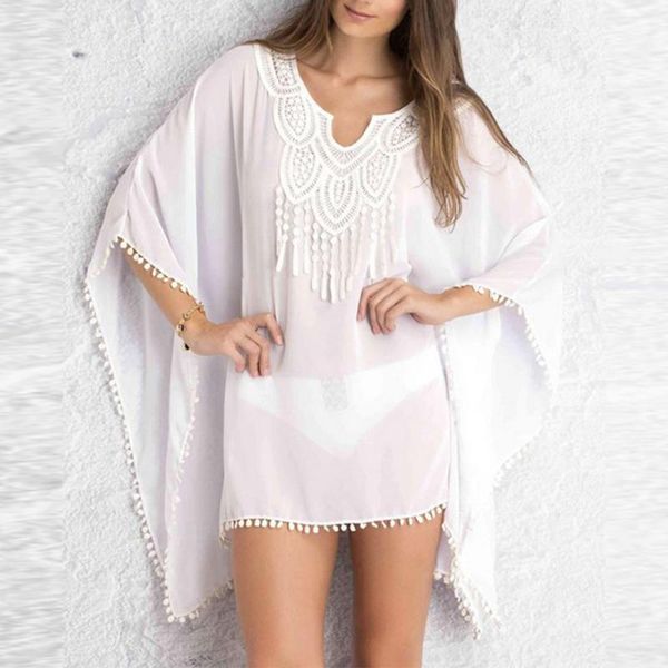

women's swimwear women bat sleeve beachwear coat air conditioner bikini sun protection smock v neck beach cover up tunic pareo, White;black