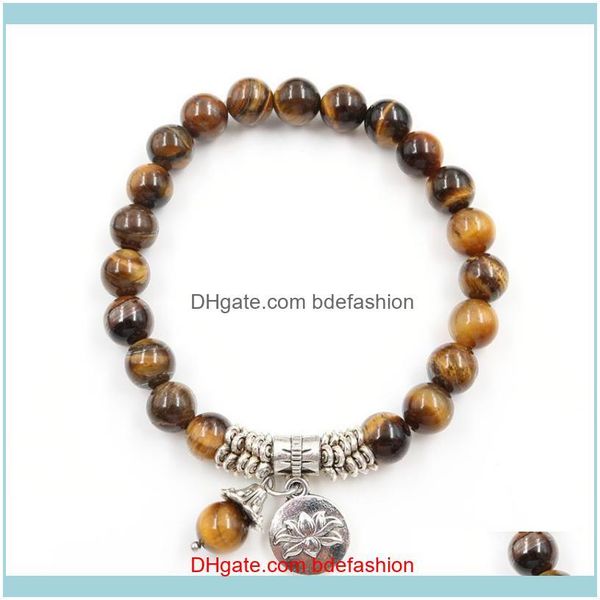 

charm jewelrycharm bracelets fyjs unique sier plated lotus flower connect tiger eye stone round beads elastic bracelet black agates jewelry, Golden;silver