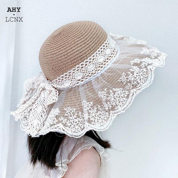 

caps & hats summer fashion baby girls straw hat kids fisherman cap wide brim lace wavy bucket girl panama children beach sun, Yellow