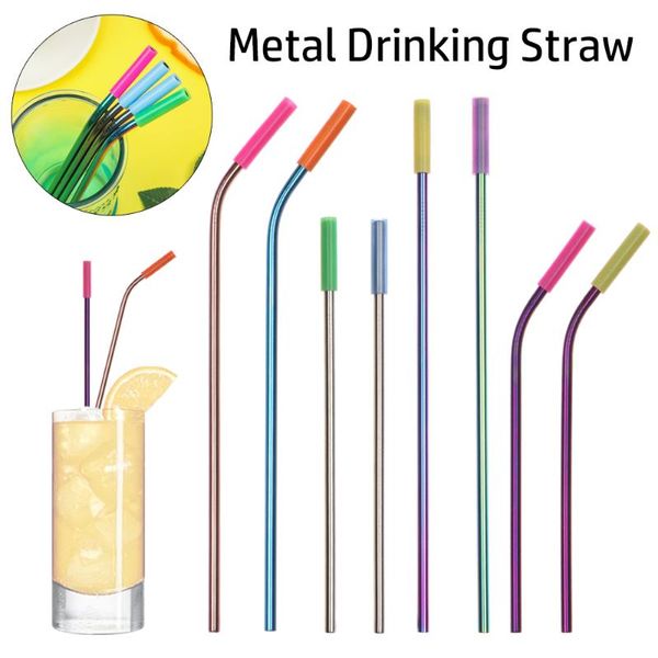 

drinking straws 16pcs/set metal straw stainless steel curved straight reusable with cleaner brush barware home kitchen tools