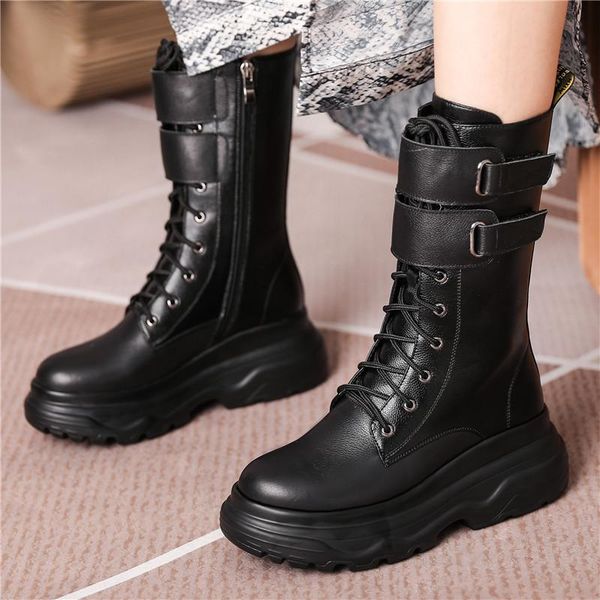 

boots fall winter flat platform women ankle cow leather belt zip waterproof ladies shoes round toe increase booties 7cm, Black