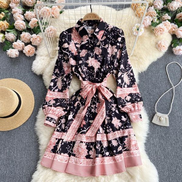 

casual dresses 2021 spring and autumn lion mountain temperament vestidos female retro print lapel puff sleeve slim mini dress 8572, Black;gray