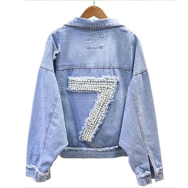 

perhaps u women short cropped blue jacket long sleeves denim jackets beading pearl seven 7 c0078 210529, Black;brown