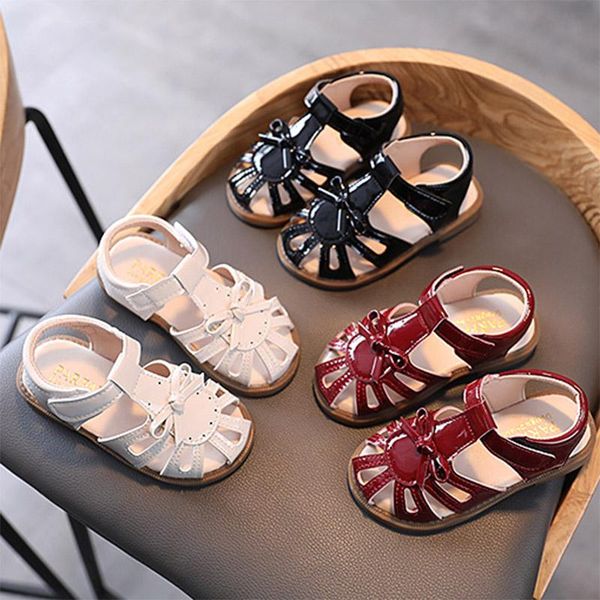 

sandals 2021 summer girls bow hollow outs princess shoes cover toe t strap kids flats baby toddlers white, Black;red