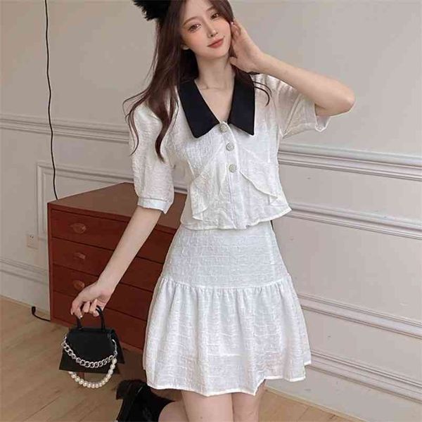 

summer women two piece set casual sweet turn down collar single breasted crop + high waist a-line mini skirt outfits 210519, White