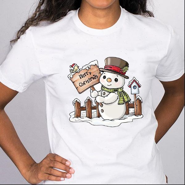 

graphic snowman cute funny women t shirt trend cartoon 90s merry christmas clothes print lady clothing female, White