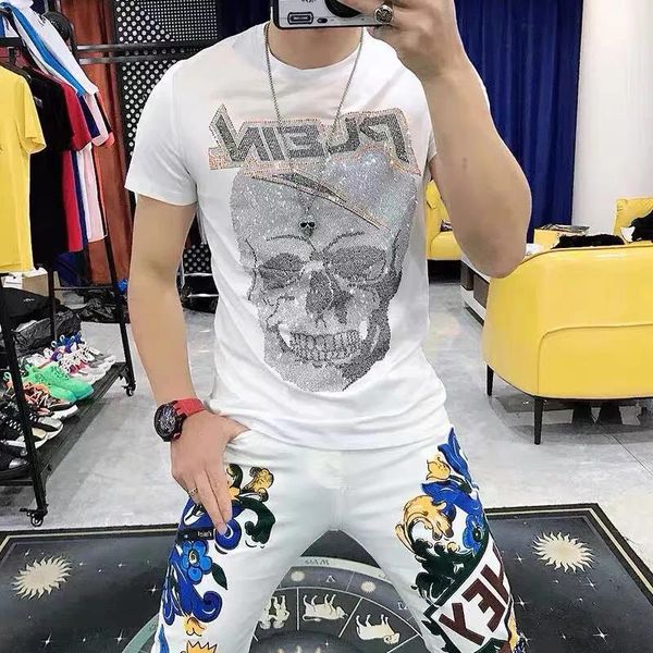 

fashion tee skull rhinestones with diamond design t shirts men summer tees mens designer tshirts luxury ice silk o neck slim fit hip hop hi, White;black