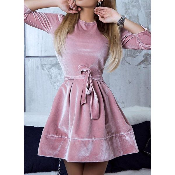 

casual dresses women winter o neck long sleeve mini a line pink wine red green brown dress, Black;gray