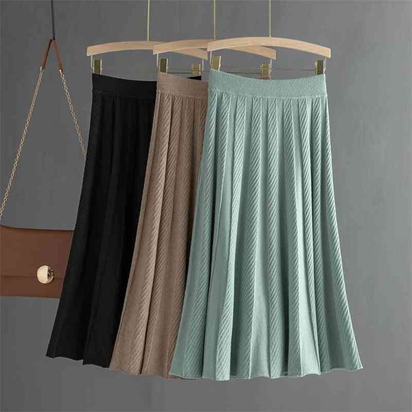 

gigogou thick warm women pleated skirts autumn winter elastic high waist knitted sweater skirts long a line midi black skirt 210401