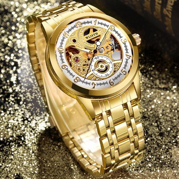 

wristwatches hollow out mechanical watch clock men waterproof gold wristwatch stainless steel mesh calendar reloj hombre wach, Slivery;brown