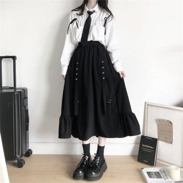 

autumn women skirts high waist student korean style dark vintage ruffle long a-line skirt fashion 210724, Black