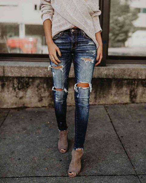 

summer high waist womans womens jeans casual ripped hole cropped slim skinny long women pencil vintage denim pants, Blue