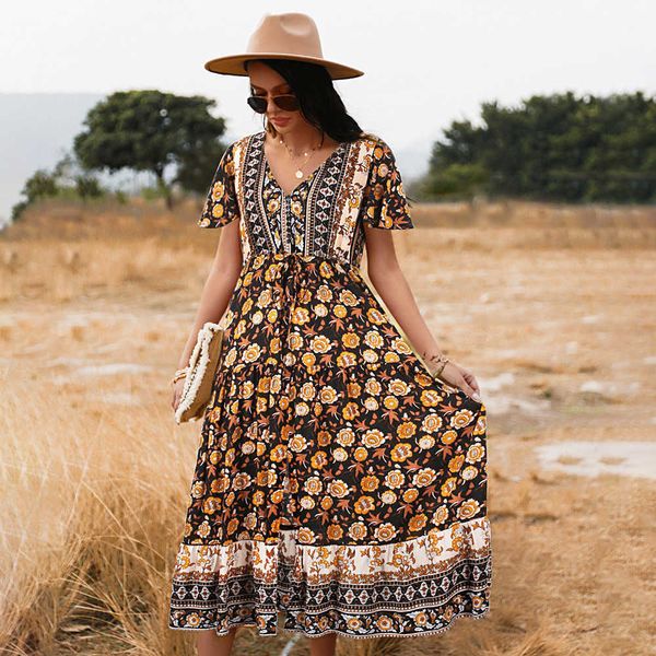 Elegante Kleider Kleid Vintage Sommer Sommerkleider Große exotische Sommerkleid Temperament Boho Stil Femme Robe Print Maxi Kleidung Frauen 210712