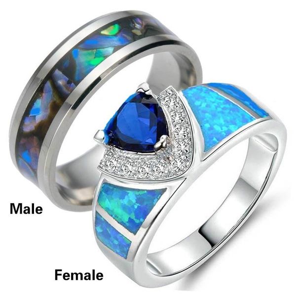 Anéis de casamento SZ6-12 Casal Azul / Verde Opala Zironia Anel de Prata Mulheres Engajamento Jóias 8mm Titanium Steel Men