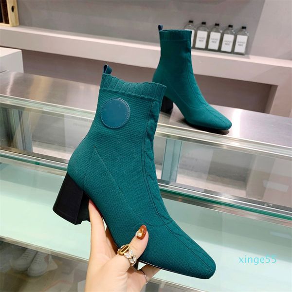 

autumn and winter socks thick heel boots fashionable knitted stretch boot designer letters women's shoes ladies high heels, Black