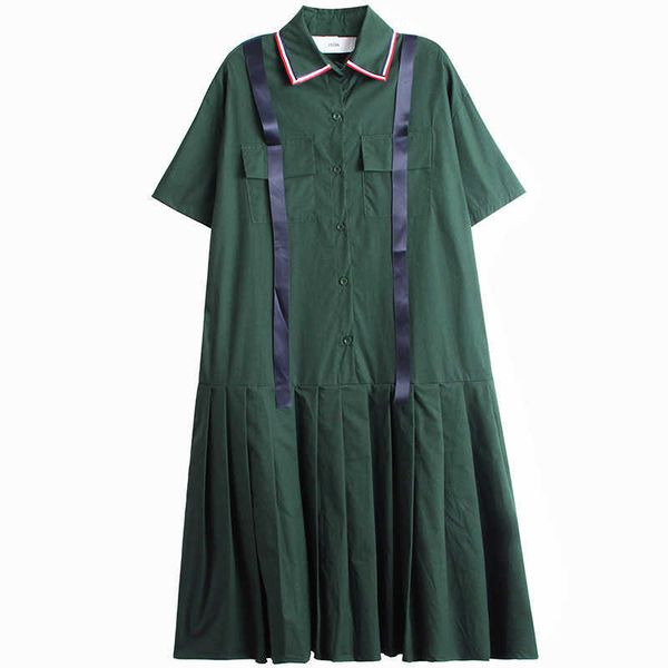 

contrast ribbon stitching short sleeve shirt dress women's loose thin medium length a-line pleated skirt summer 210615, Black;gray