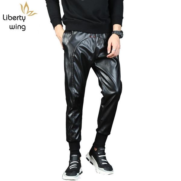 

men's pants korean mens motorcycle patchwork faux leather harem drawstring elastic waist plus size male jogging trousers streetwear, Black