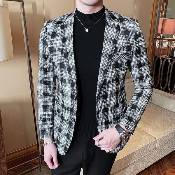 

men's suits & blazers 2021 nwe brand clothing slim fit plaid business blazers/male leisure fashion cotton linen suit jackets s-, White;black