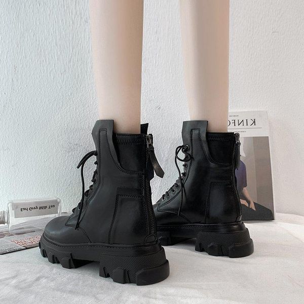 

boots lace up women british style autumn 2021 versatile thick heel short tube motorcycle, Black