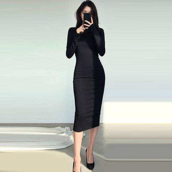 

casual dresses 2021spring and autumn korean style women's mid-length round neck long sleeve slim-fit sheath split dress, Black;gray