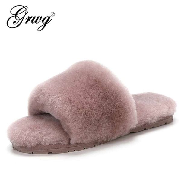 

100% natural sheepskin winter warm fur slipper home shoes indoor slipper luxury wool woman casual 210928, Black