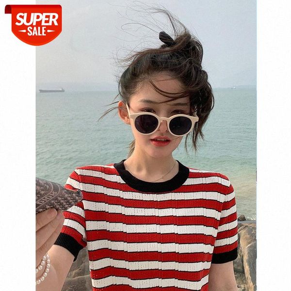 

[3/31 item plus purchase in advance] korean round neck slim striped knitted t-shirt women's short-sleeved shirt #e26j, White