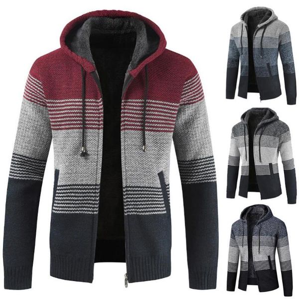 

men's jackets men autumn winter stripes zipper plush liner jacket hooded sweater coat cardigan, Black;brown