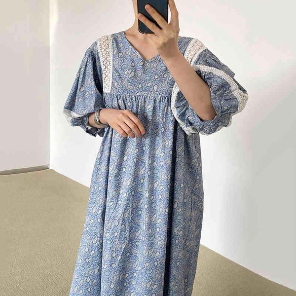 

[ewq]women summer fashion elegant blue vintage v-neck lace stitching loose casual printed lantern sleeve robe dress 16f1269 210423, Black;gray