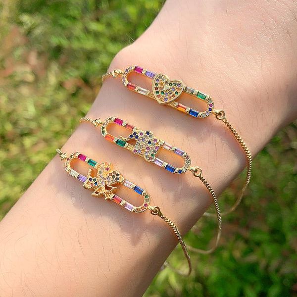 

gold filled pave colorful cubic zirconia rainbow adjustable bracelets angel cupid heart elephant charm bangles for women brt-b62 link, chain, Black