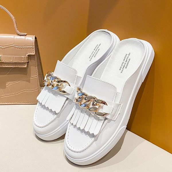 

slippers women 2021 summer fashion tassel metal chain flat bottom half female outdoor beach casual slides muller, Black