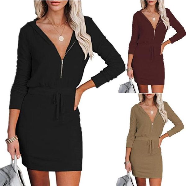 

casual dresses 2021 autumn winter women's solid color v neck long sleeve zipper hooded tunic dress elegant fashion tshirt ol dr, Black;gray