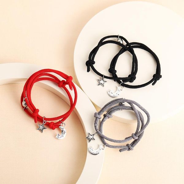 

beaded, strands creative moon star lovers bracelet magnet attract true love a pair of men and women knitting hand rope jewelry, Black